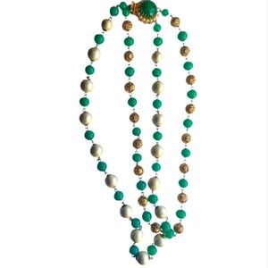 Vintage Exquisite Double Strand Green Pearl Color Goldtone Necklace